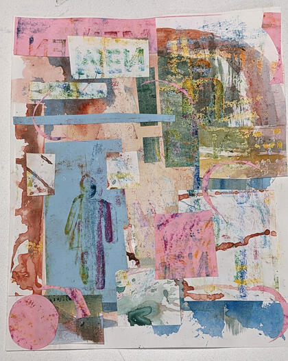to be gendered, 2024. oil pastel, watercolor, colored paper mixed media collage 8.5x11in